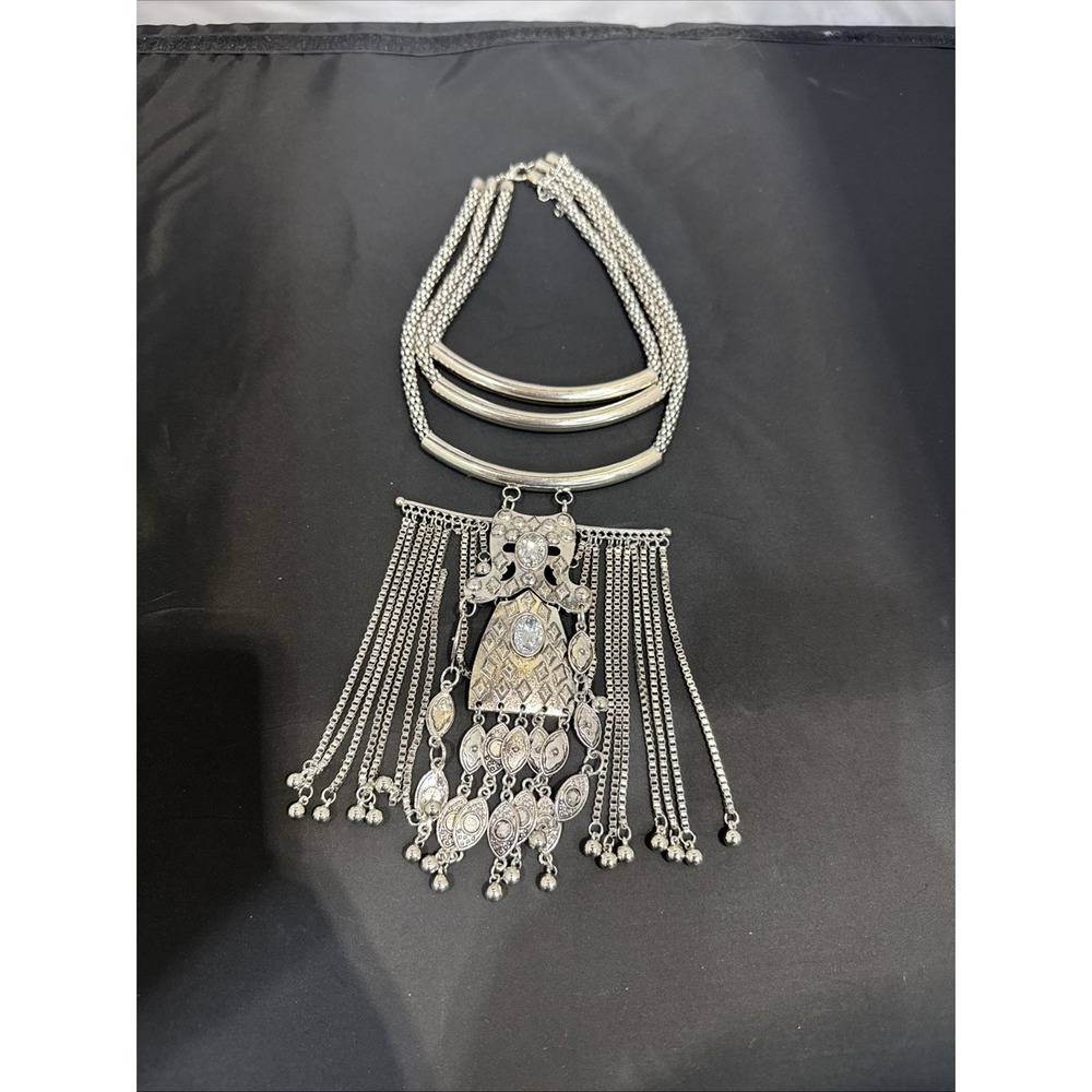 Boho Bold  3-Tier Silver Toned Coin Tribal Bib Statement Necklace HTF Choker